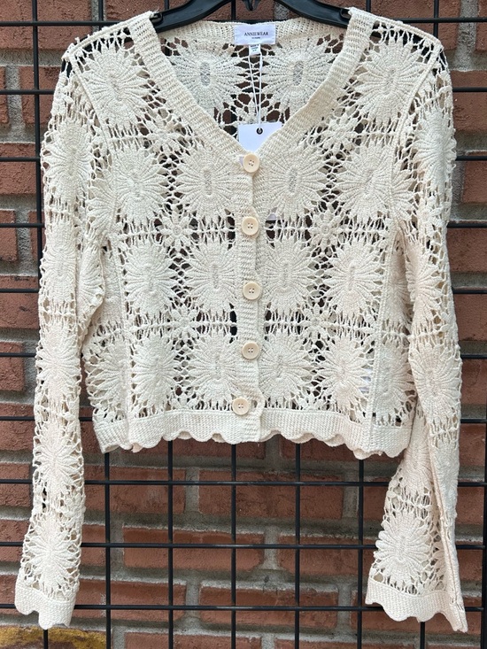 Anniewear Sweaters - Annie Cream Crochet Floral Button V-Neck Cardigan